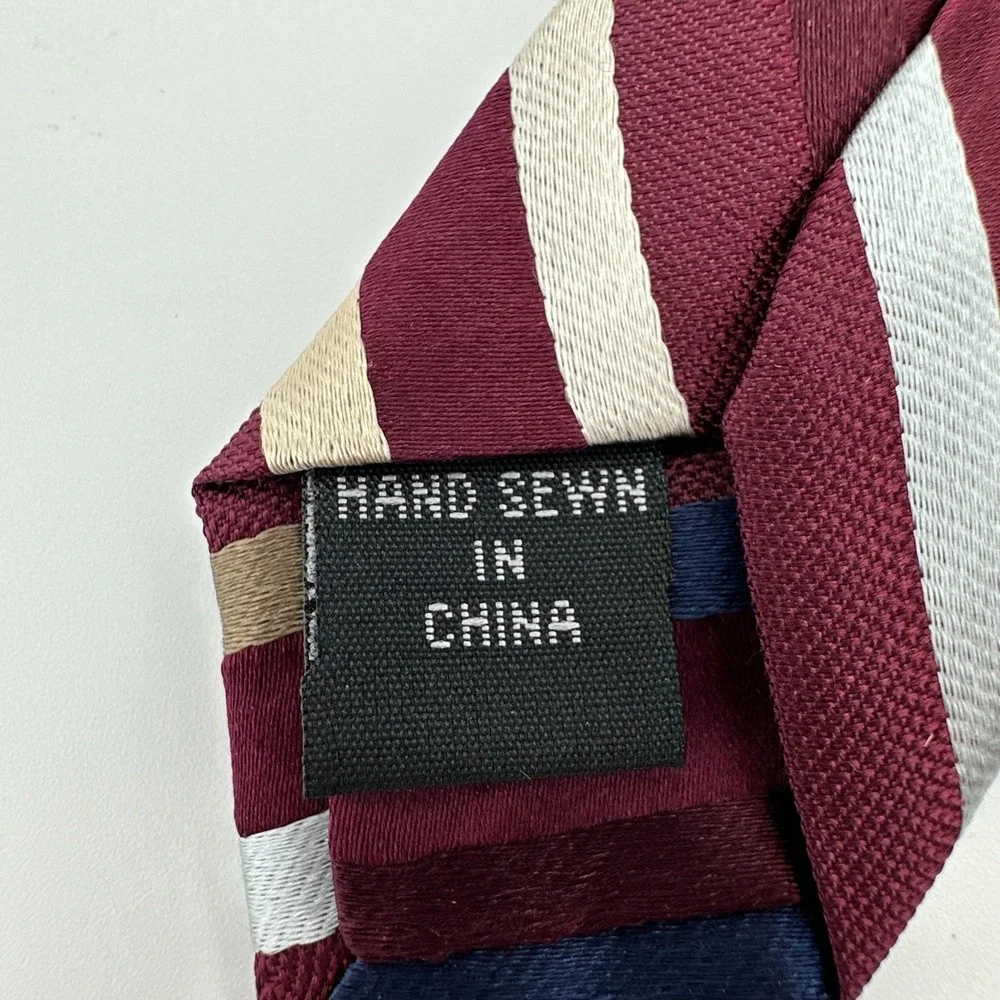 Jos. A. Bank Necktie Mens One Size Burgundy Striped Silk Hand Sewn 58‎ Inch NOS
